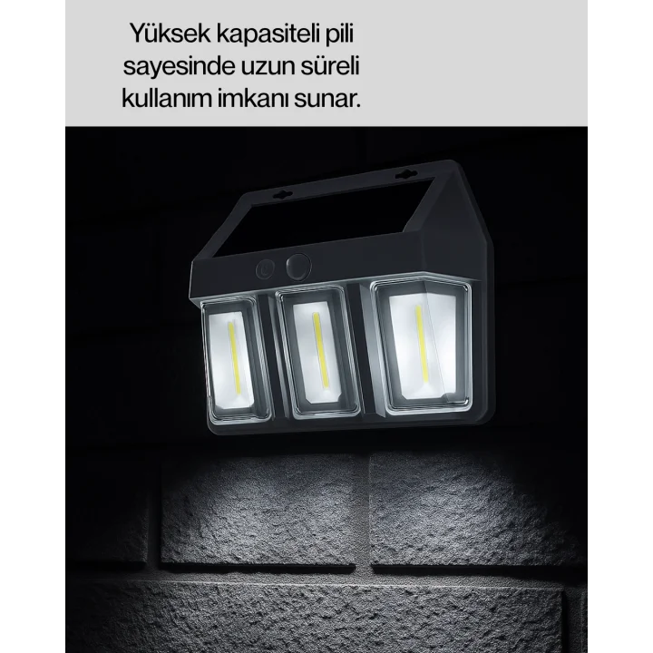 Mey İthalat® Güneş Enerjili 3 Modlu Duvar Apliği – Bahçe ve Garaj Aydınlatması