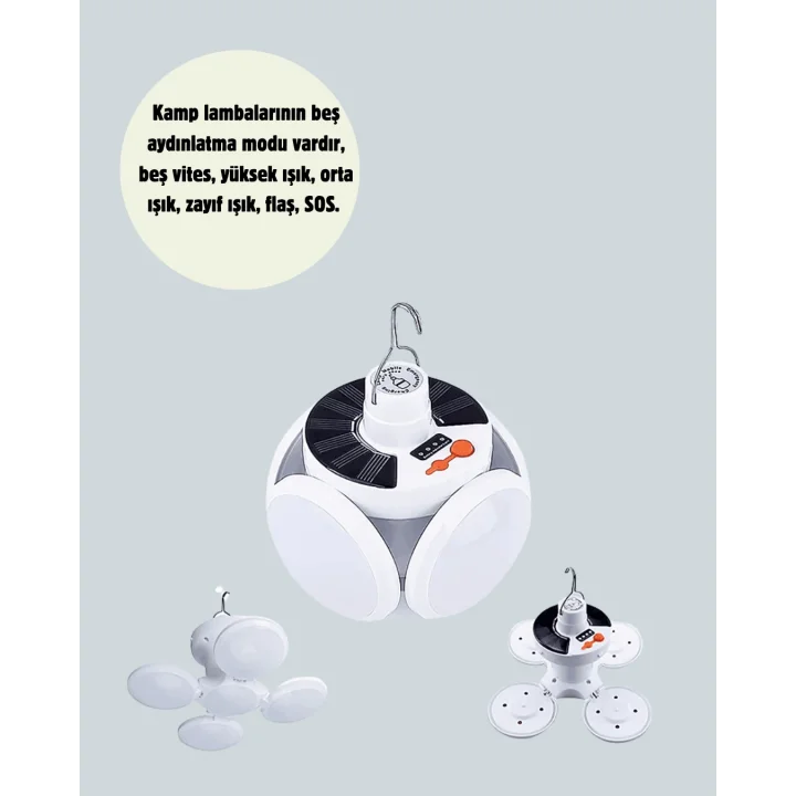 Mey İthalat® Güneş Paneliyle Şarj Olan Katlanabilir LED Çadır Lambası – 5 Kademeli Aydınlatma