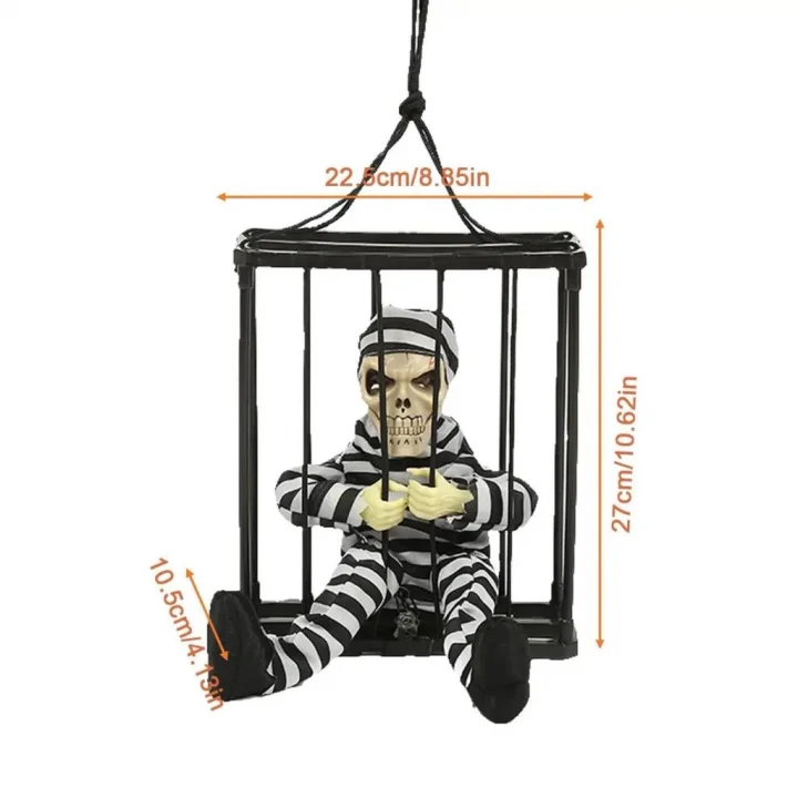 Mey İthalat® Hareketli Sesli Sensörlü Mahkum Görünümlü Kuru Kafa İskelet Dekorasyon 22x27 cm