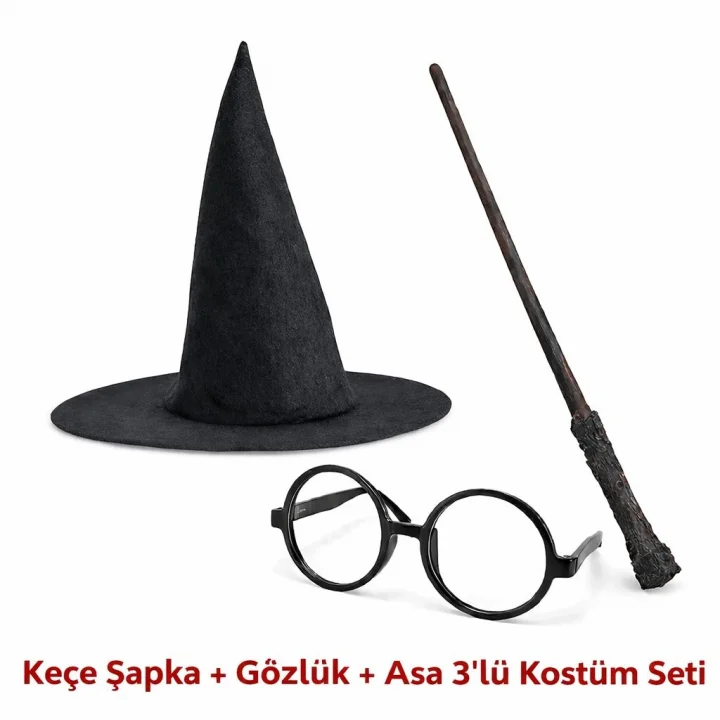 Mey İthalat® Harry Potter Tarzı Çocuk Seti (Siyah Keçe Şapka, Asa, Gözlük)