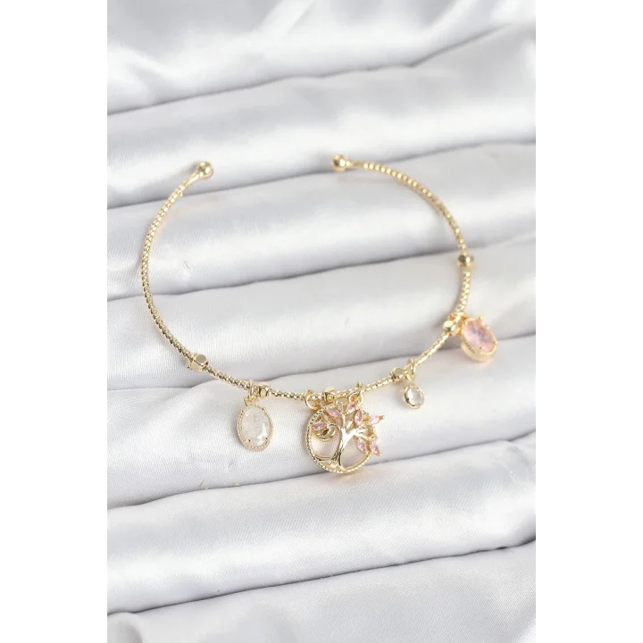 Mey İthalat® Hayat Ağacı Charmlı Gold Renk Pirinç Kadın Bileklik