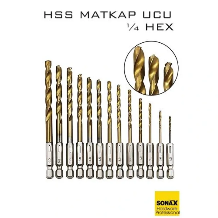 Mey İthalat® HSS Matkap Ucu 1/4 HEX  13 Parça HSS Tungsten Karbür Matkap Uç 1.5-6.5mm Titanyum 722460