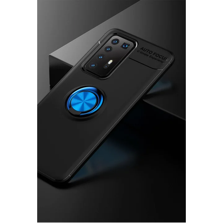 Mey İthalat®  Huawei P40 Pro Kılıf Range Yüzüklü Silikon - Siyah-Mavi