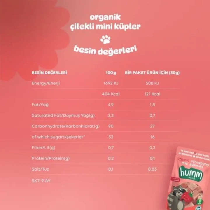 Mey İthalat® Organik Çilekli Glutensiz Vegan Mini Küpler 30 Gr