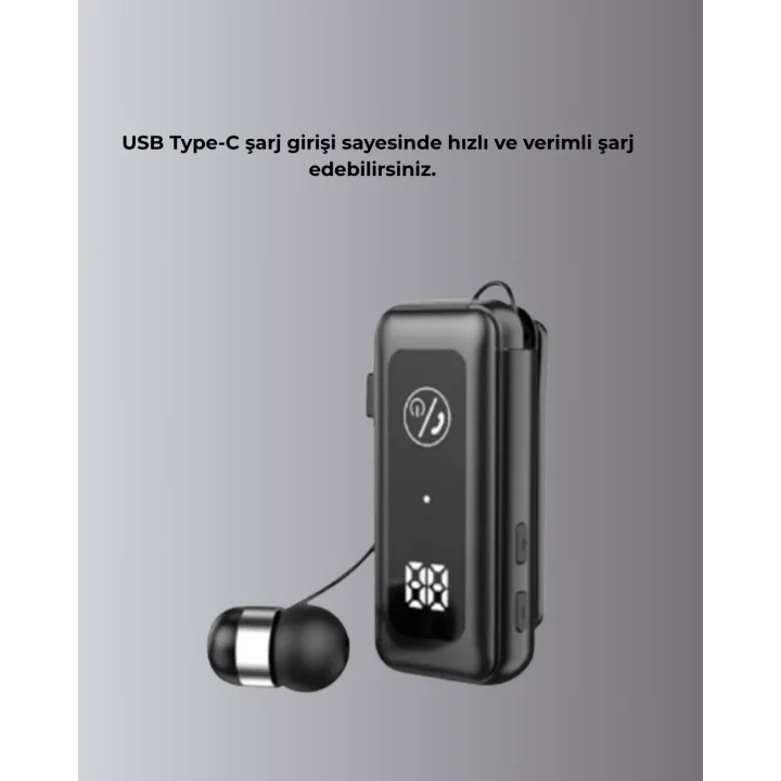 Mey İthalat® İçi Sarılabilen Kablo ve Yaka Klipsli Bluetooth Kulaklık