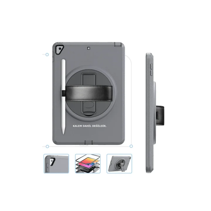 Mey İthalat®  iPad 10.2 (7.nesil) Kılıf Hand Strap Tablet Kılıfı - Gri