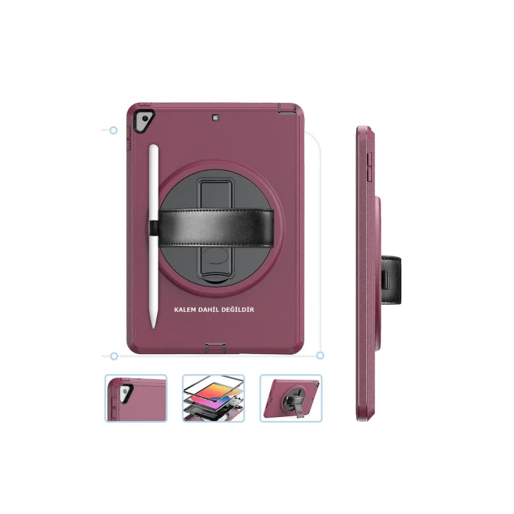 Mey İthalat®  iPad 10.2 (7.nesil) Kılıf Hand Strap Tablet Kılıfı - Mürdüm