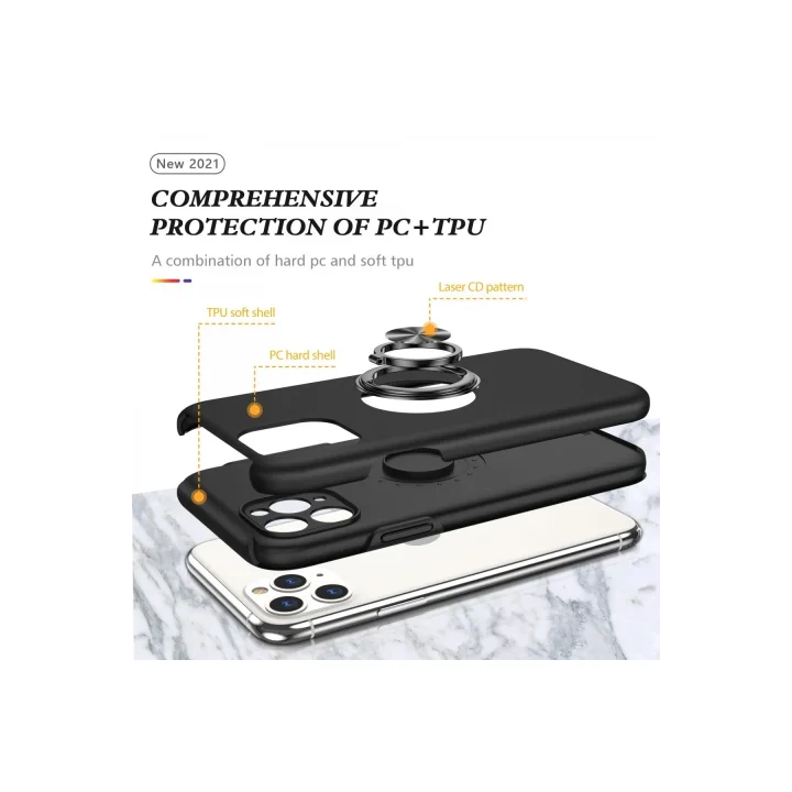 Mey İthalat®  iPhone 11 Pro Max Kılıf Elit Yüzüklü Kapak - Siyah