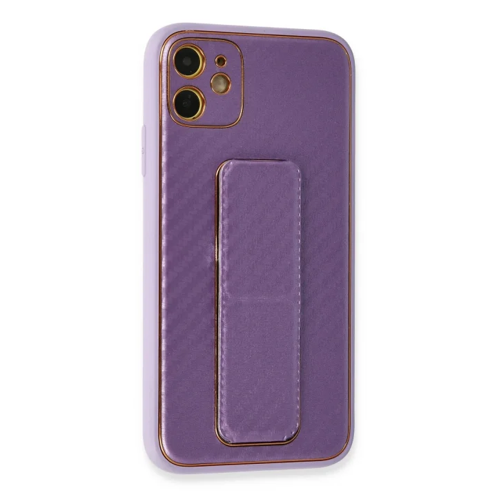 Mey İthalat®  iPhone 12 Kılıf Coco Karbon Standlı Kapak - Mor