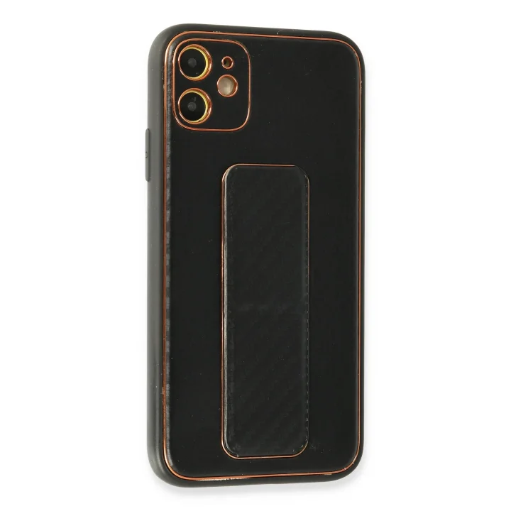 Mey İthalat®  iPhone 12 Kılıf Coco Karbon Standlı Kapak - Siyah