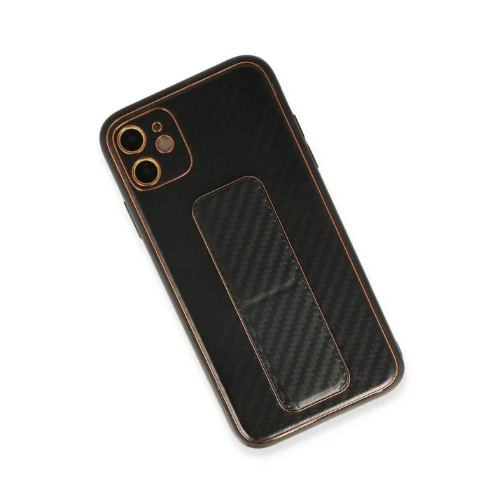 Mey İthalat®  iPhone 12 Kılıf Coco Karbon Standlı Kapak - Siyah