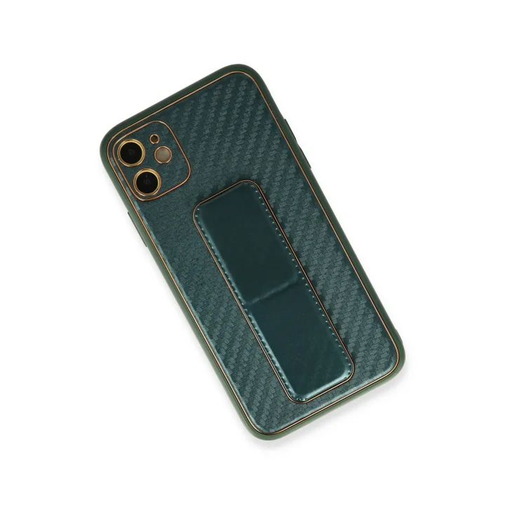Mey İthalat®  iPhone 12 Kılıf Coco Karbon Standlı Kapak - Yeşil