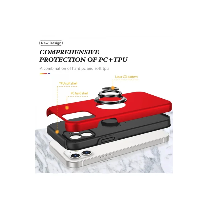 Mey İthalat®  iPhone 12 Kılıf Elit Yüzüklü Kapak - Kırmızı