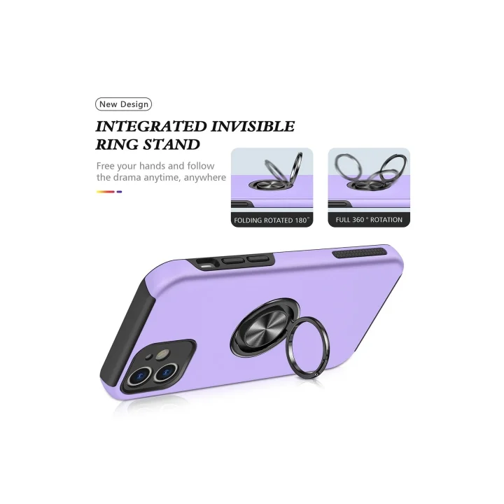 Mey İthalat®  iPhone 12 Kılıf Elit Yüzüklü Kapak - Mor