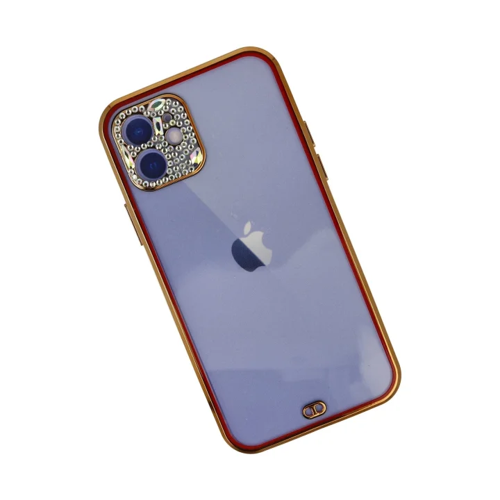 Mey İthalat®  iPhone 12 Kılıf Liva Taşlı Silikon - Kırmızı