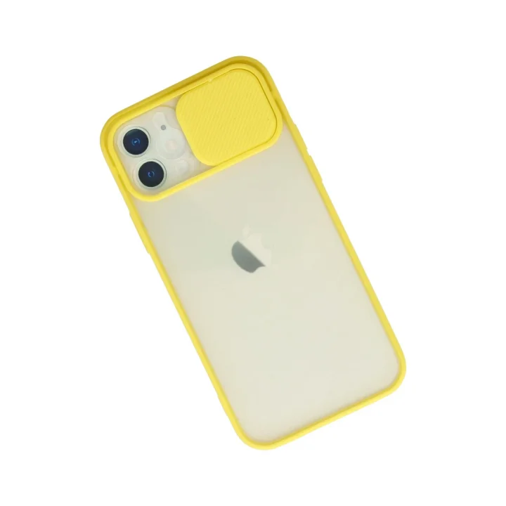 Mey İthalat®  iPhone 12 Kılıf Palm Buzlu Kamera Sürgülü Silikon - Sarı