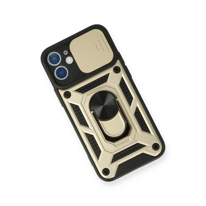 Mey İthalat®  iPhone 12 Kılıf Pars Lens Yüzüklü Silikon - Gold