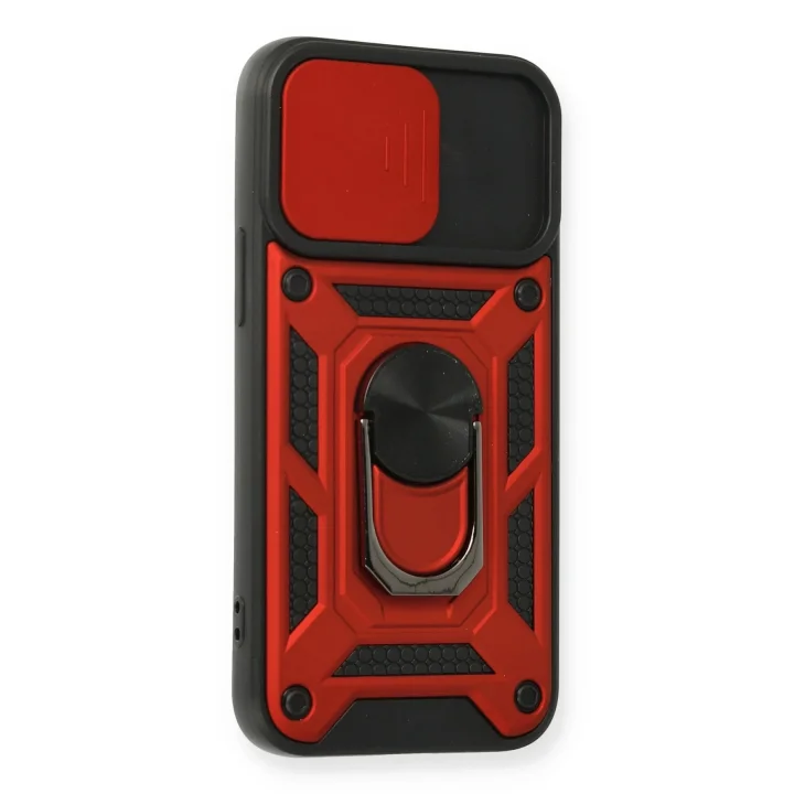 Mey İthalat®  iPhone 12 Kılıf Pars Lens Yüzüklü Silikon - Kırmızı