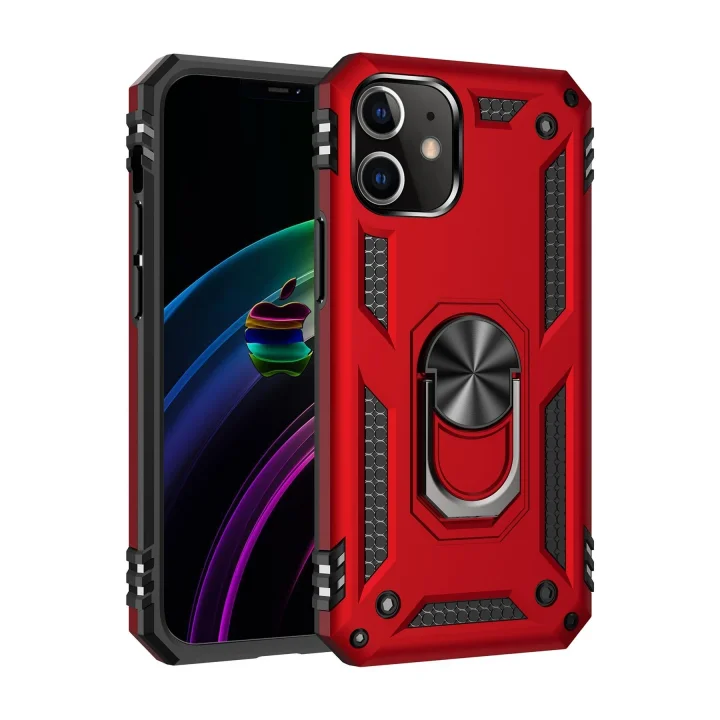 Mey İthalat®  iPhone 12 Kılıf Sofya Yüzüklü Silikon Kapak - Kırmızı