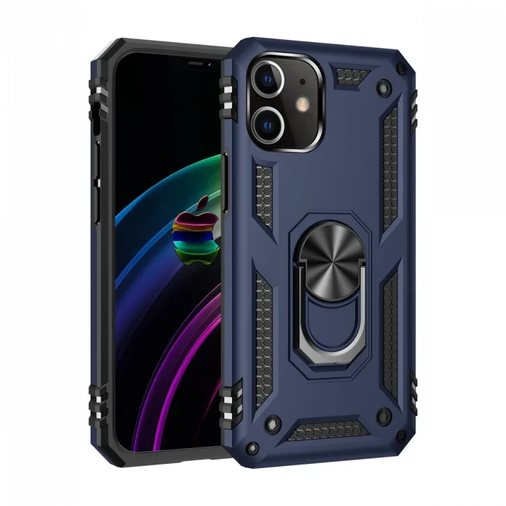 Mey İthalat®  iPhone 12 Kılıf Sofya Yüzüklü Silikon Kapak - Lacivert