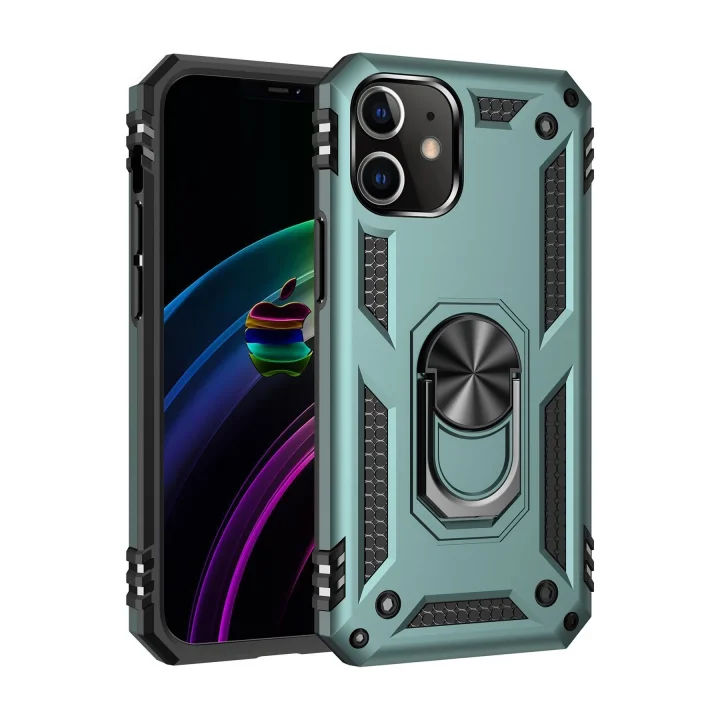 Mey İthalat®  iPhone 12 Kılıf Sofya Yüzüklü Silikon Kapak - Yeşil