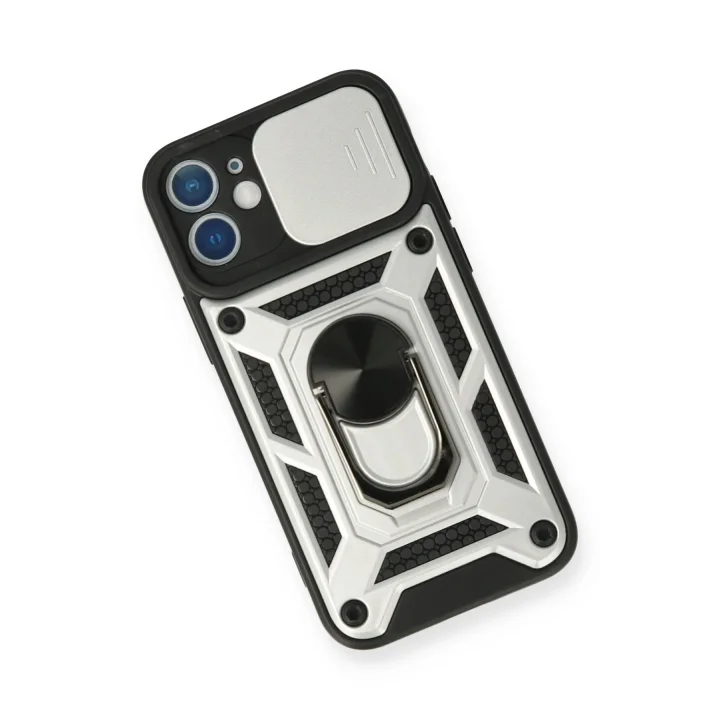 Mey İthalat®  iPhone 12 Mini Kılıf Pars Lens Yüzüklü Silikon - Gümüş