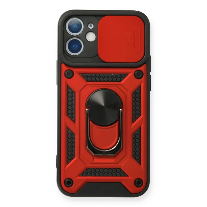 Mey İthalat®  iPhone 12 Mini Kılıf Pars Lens Yüzüklü Silikon - Kırmızı