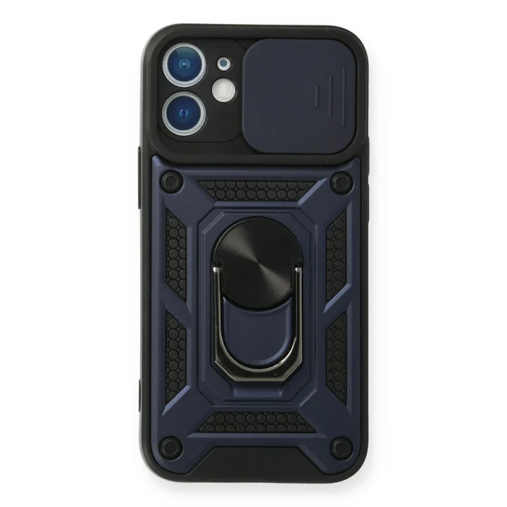 Mey İthalat®  iPhone 12 Mini Kılıf Pars Lens Yüzüklü Silikon - Lacivert