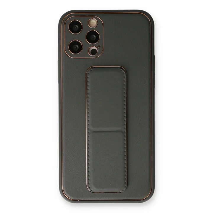 Mey İthalat®  iPhone 12 Pro Kılıf Coco Deri Standlı Kapak - Füme