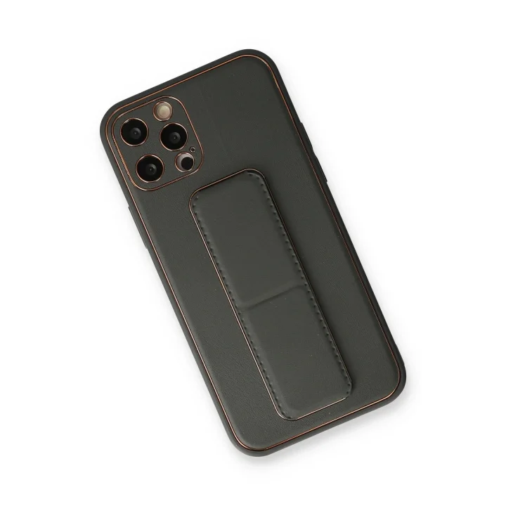 Mey İthalat®  iPhone 12 Pro Kılıf Coco Deri Standlı Kapak - Füme