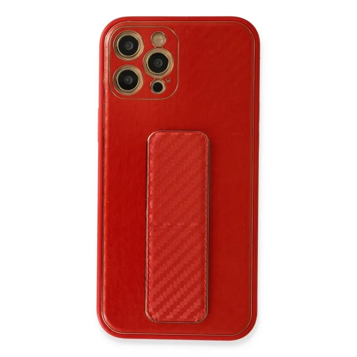 Mey İthalat®  iPhone 12 Pro Kılıf Coco Karbon Standlı Kapak - Kırmızı