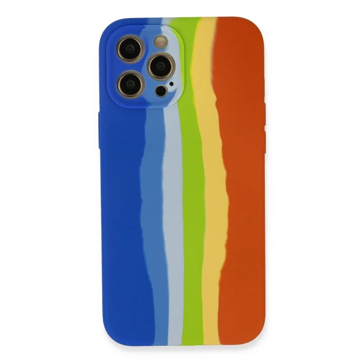 Mey İthalat®  iPhone 12 Pro Kılıf Ebruli Lansman Silikon - Mavi-Turuncu