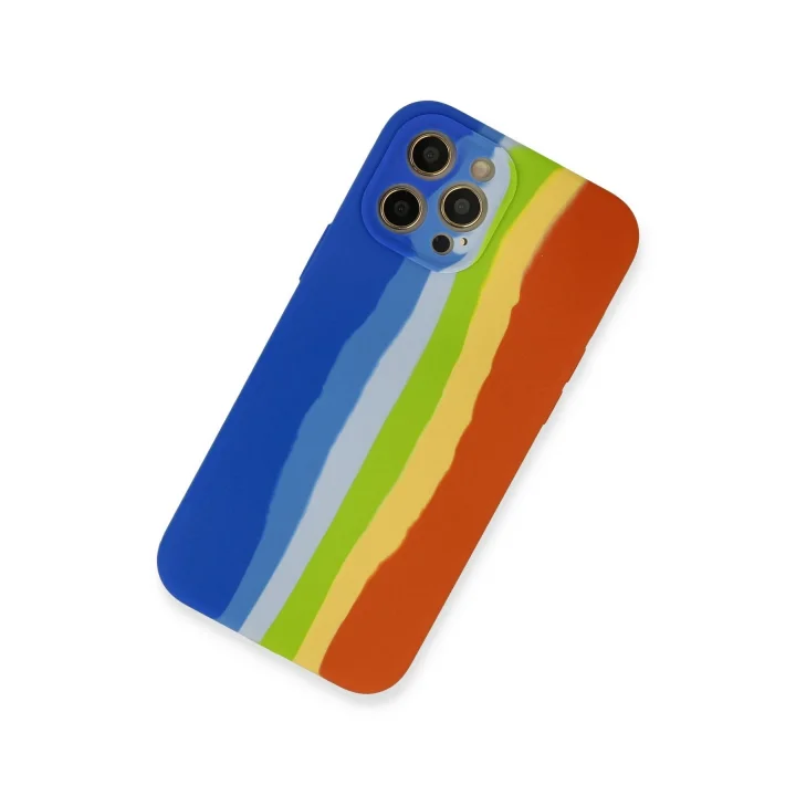 Mey İthalat®  iPhone 12 Pro Kılıf Ebruli Lansman Silikon - Mavi-Turuncu