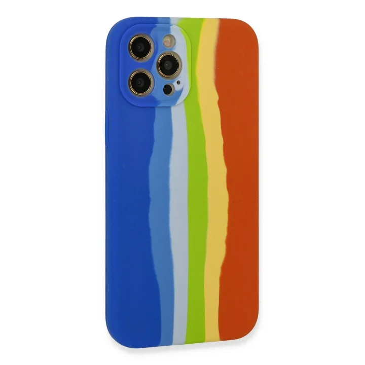 Mey İthalat®  iPhone 12 Pro Kılıf Ebruli Lansman Silikon - Mavi-Turuncu