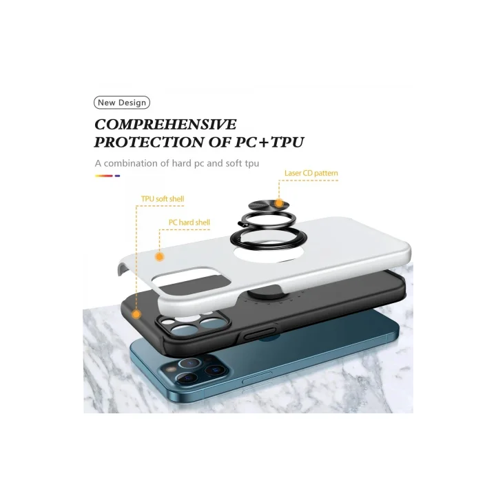 Mey İthalat®  iPhone 12 Pro Kılıf Elit Yüzüklü Kapak - Gümüş