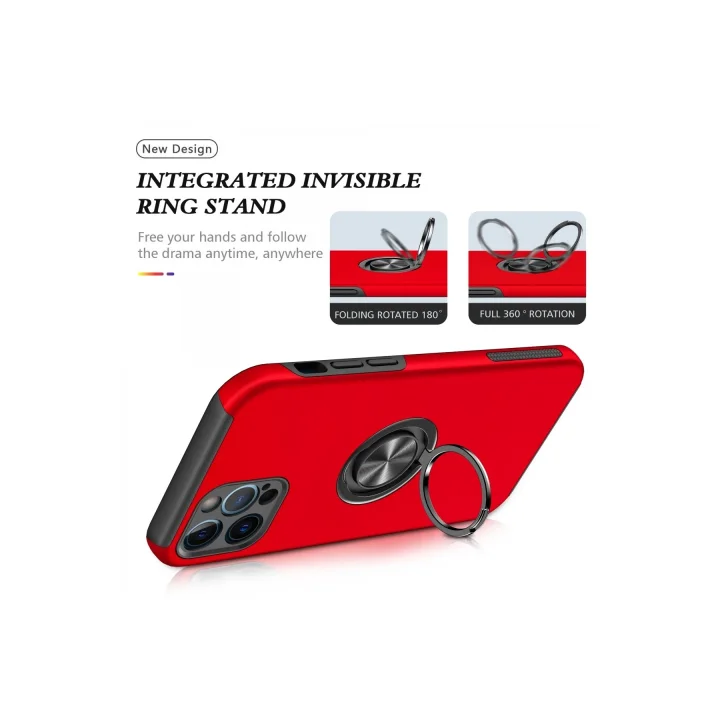 Mey İthalat®  iPhone 12 Pro Kılıf Elit Yüzüklü Kapak - Kırmızı