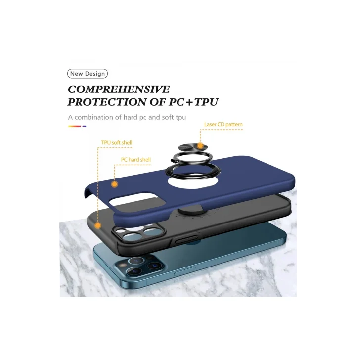 Mey İthalat®  iPhone 12 Pro Kılıf Elit Yüzüklü Kapak - Lacivert