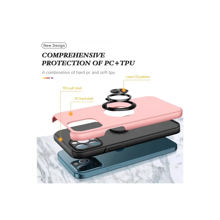 Mey İthalat®  iPhone 12 Pro Kılıf Elit Yüzüklü Kapak - Pembe