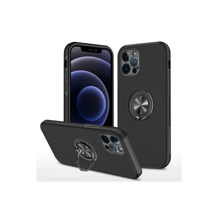 Mey İthalat®  iPhone 12 Pro Kılıf Elit Yüzüklü Kapak - Siyah