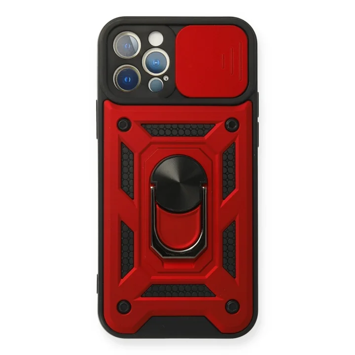 Mey İthalat®  iPhone 12 Pro Kılıf Pars Lens Yüzüklü Silikon - Kırmızı