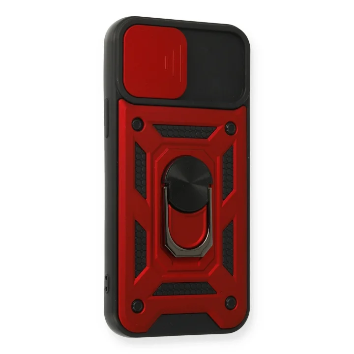 Mey İthalat®  iPhone 12 Pro Kılıf Pars Lens Yüzüklü Silikon - Kırmızı