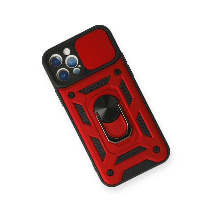 Mey İthalat®  iPhone 12 Pro Kılıf Pars Lens Yüzüklü Silikon - Kırmızı