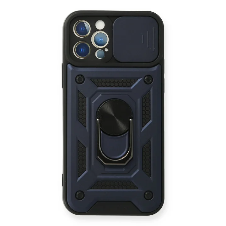 Mey İthalat®  iPhone 12 Pro Kılıf Pars Lens Yüzüklü Silikon - Lacivert