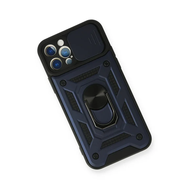 Mey İthalat®  iPhone 12 Pro Kılıf Pars Lens Yüzüklü Silikon - Lacivert