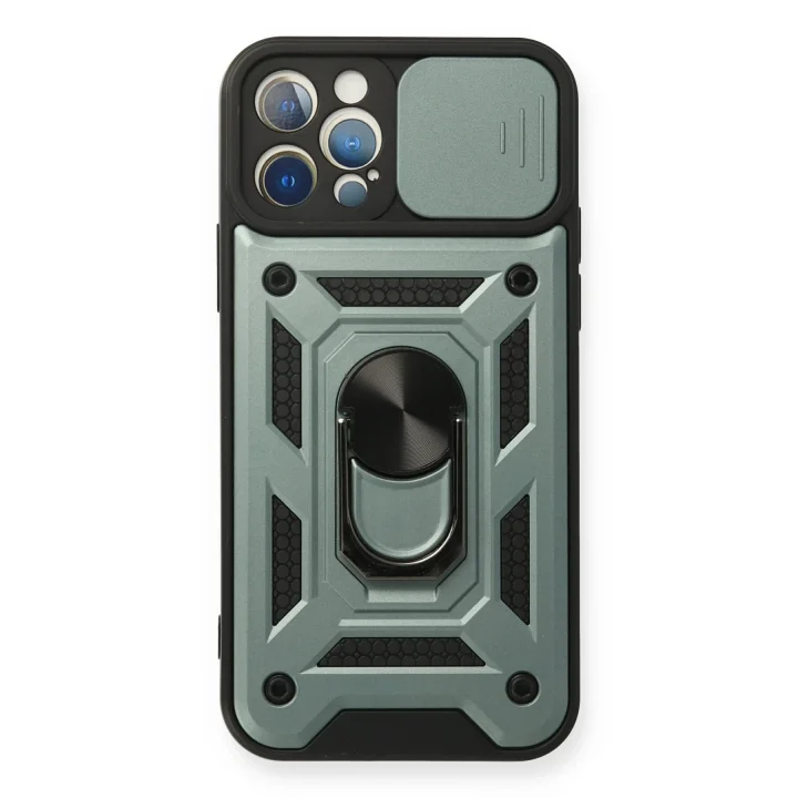 Mey İthalat®  iPhone 12 Pro Kılıf Pars Lens Yüzüklü Silikon - Yeşil