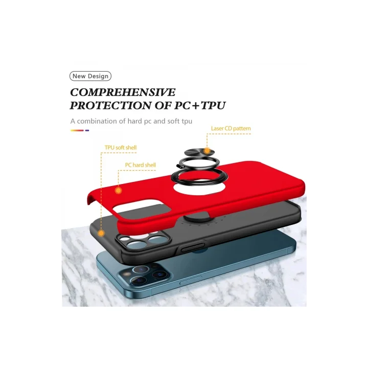 Mey İthalat®  iPhone 12 Pro Max Kılıf Elit Yüzüklü Kapak - Kırmızı