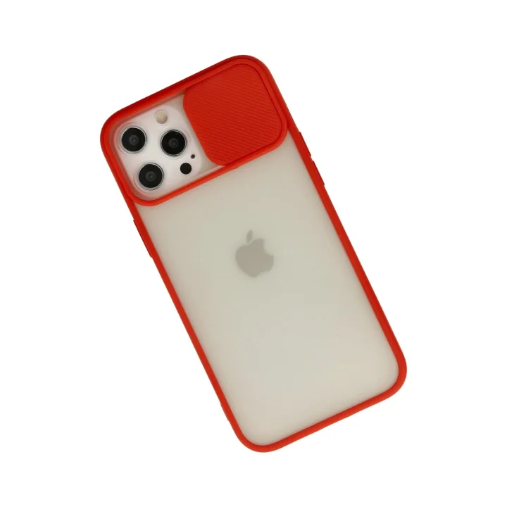 Mey İthalat®  iPhone 12 Pro Max Kılıf Palm Buzlu Kamera Sürgülü Silikon - Kırmızı