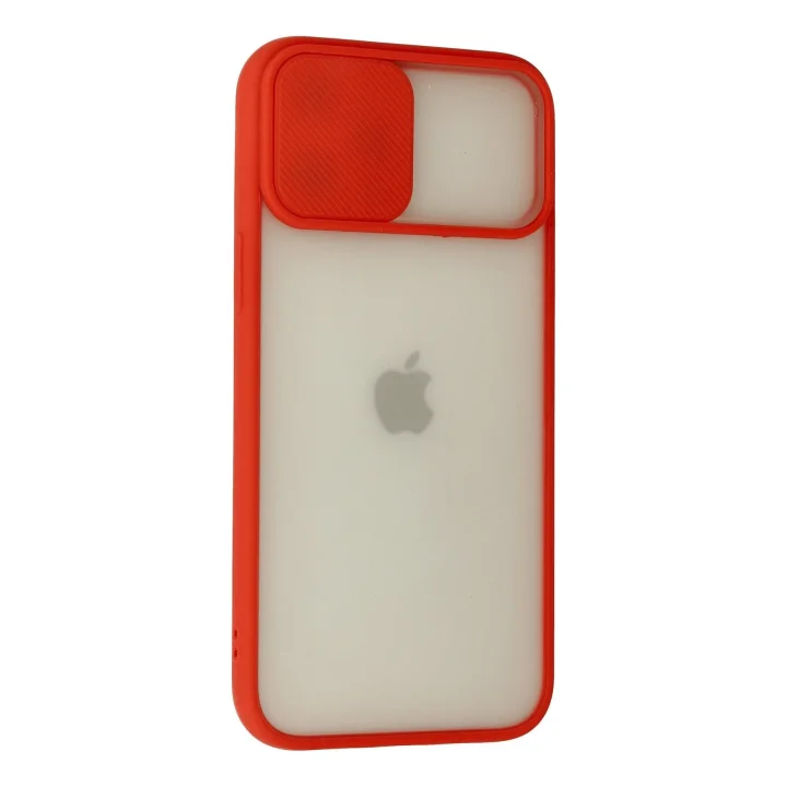 Mey İthalat®  iPhone 12 Pro Max Kılıf Palm Buzlu Kamera Sürgülü Silikon - Kırmızı