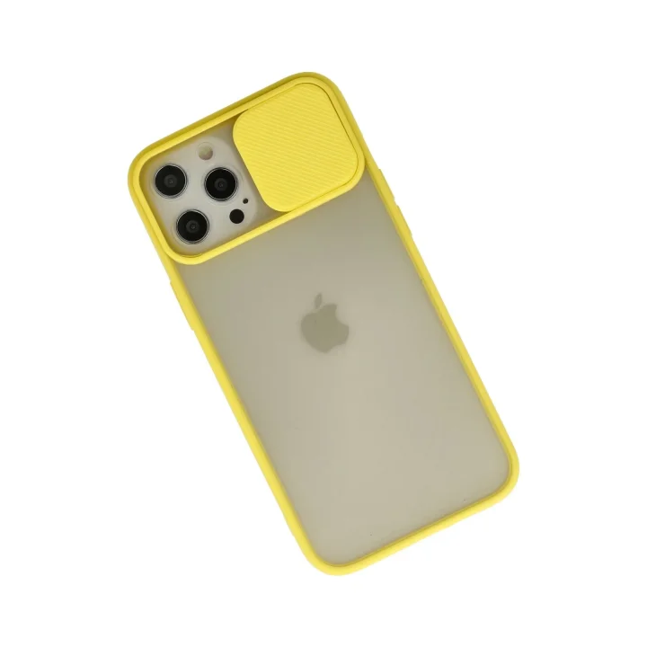 Mey İthalat®  iPhone 12 Pro Max Kılıf Palm Buzlu Kamera Sürgülü Silikon - Sarı