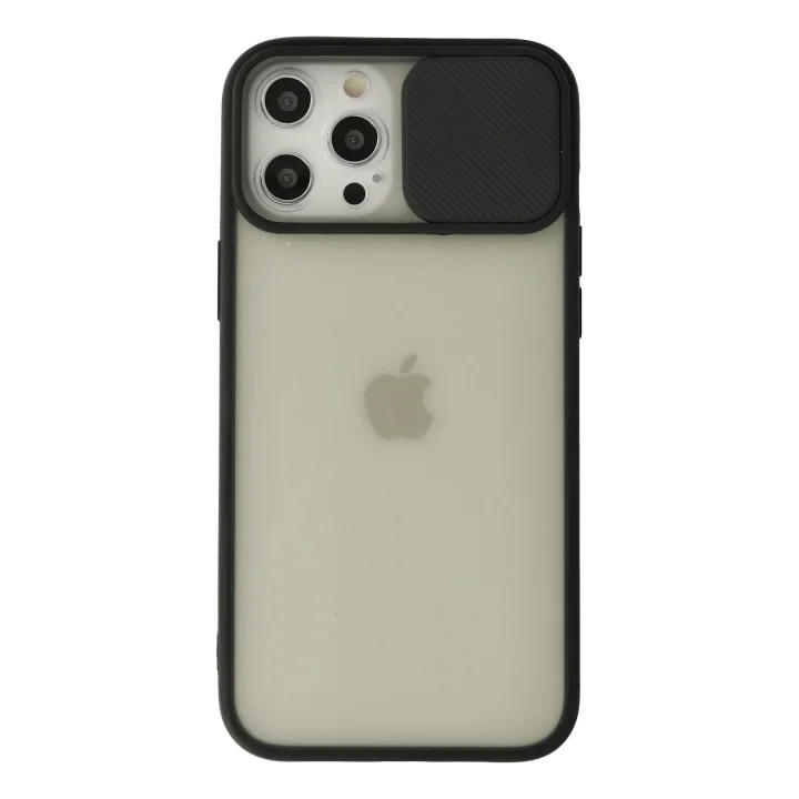 Mey İthalat®  iPhone 12 Pro Max Kılıf Palm Buzlu Kamera Sürgülü Silikon - Siyah